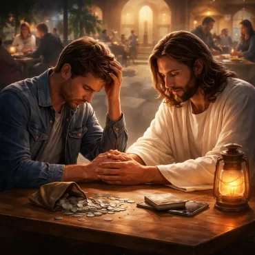 Uma coroa sendo devolvida a um trono luminoso, simbolizando entrega, humildade e a presença de Cristo.